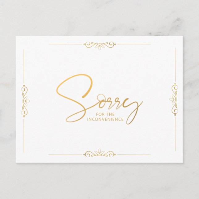 Event Cancellation or Postponement Gold SORRY Announcement Postcard (Front)