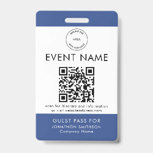 Event Logo QR Code Guest Pass Name Blue White Badge