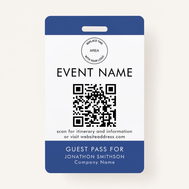 Event Logo QR Code Guest Pass Name Blue White Badge (Front)
