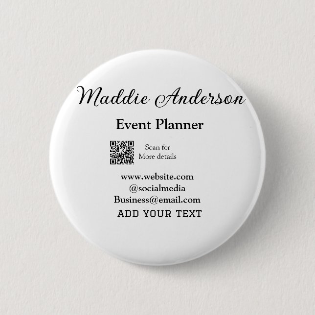 Event planner add name Q R code details website em 2 Inch Round Button (Front)