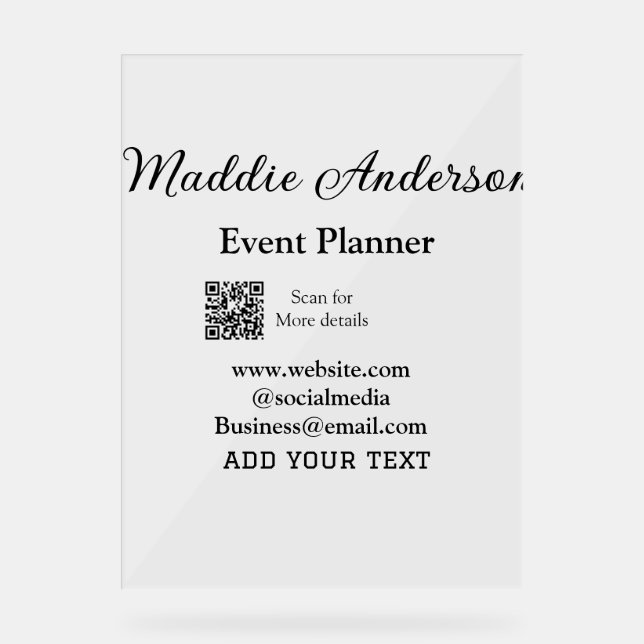 Event planner add name Q R code details website em Acrylic Sign (Front)