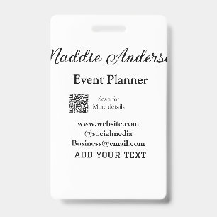 Event planner add name Q R code details website em Badge