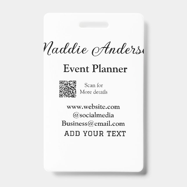 Event planner add name Q R code details website em Badge (Front)