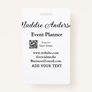 Event planner add name Q R code details website em Badge