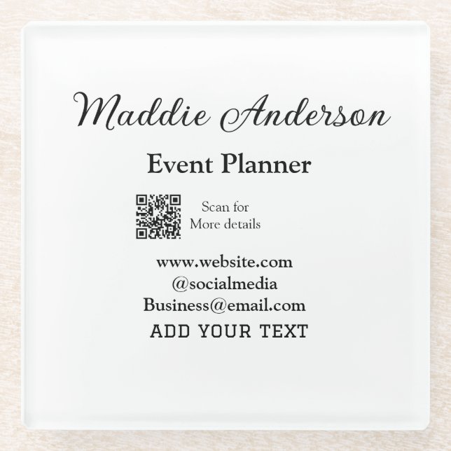 Event planner add name Q R code details website em Glass Coaster (Front)