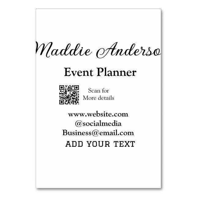 Event planner add name Q R code details website em Table Number (Front)
