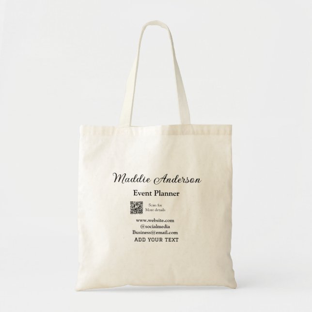 Event planner add name Q R code details website em Tote Bag (Front)