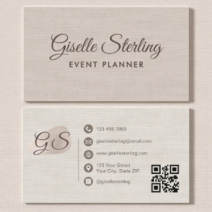 Event Planner Beige Linen Modern Elegant QR Code Business Card