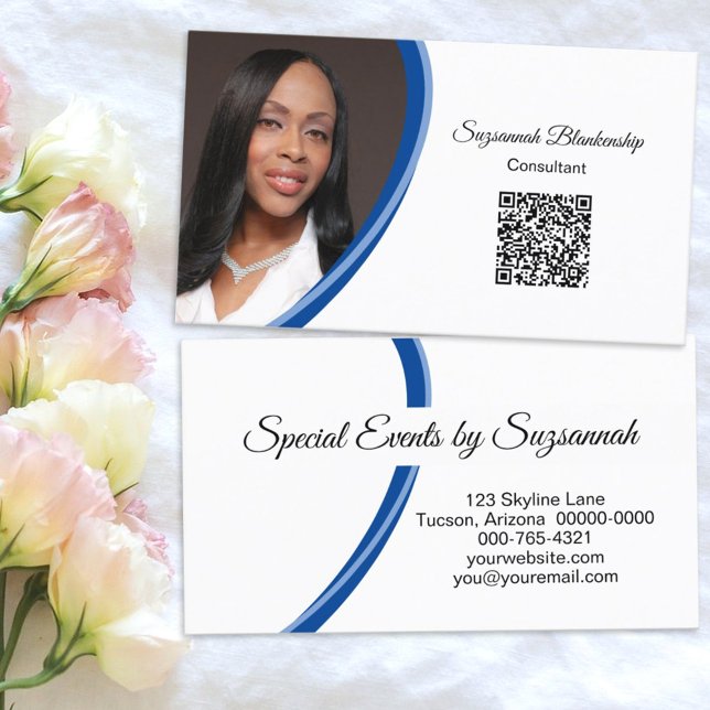 Event Planner Blue White Custom Photo QR Code Business Card (Creator Uploaded)