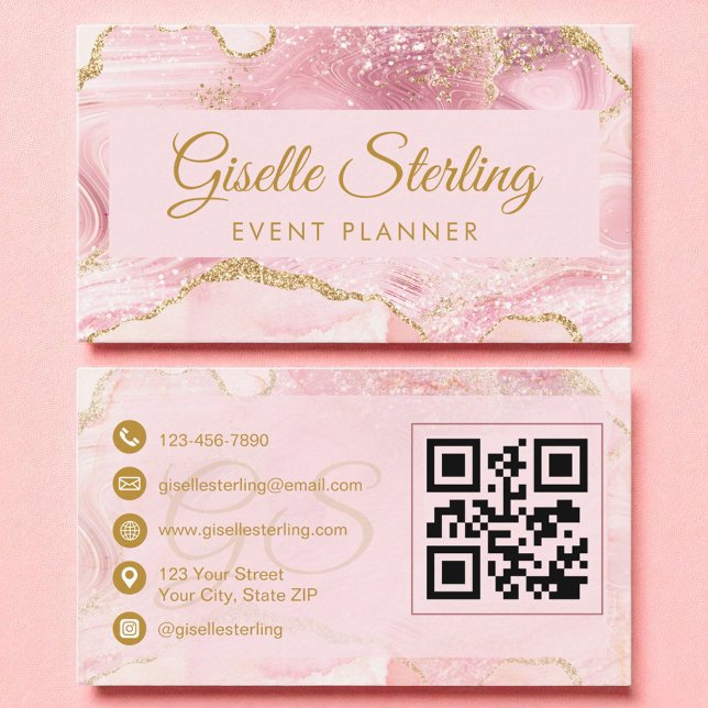 Event Planner Blush Pink Gold Agate QR Code Business Card (Creator Uploaded)