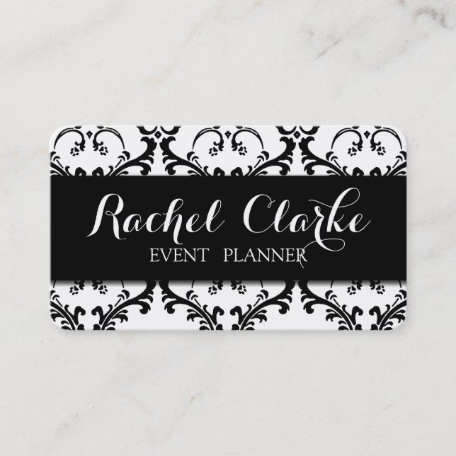 Event Planner Business Card Black Damask (Front)