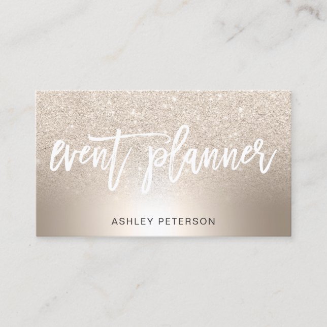 Event planner chic gold glitter ombre metallic business card (Front)