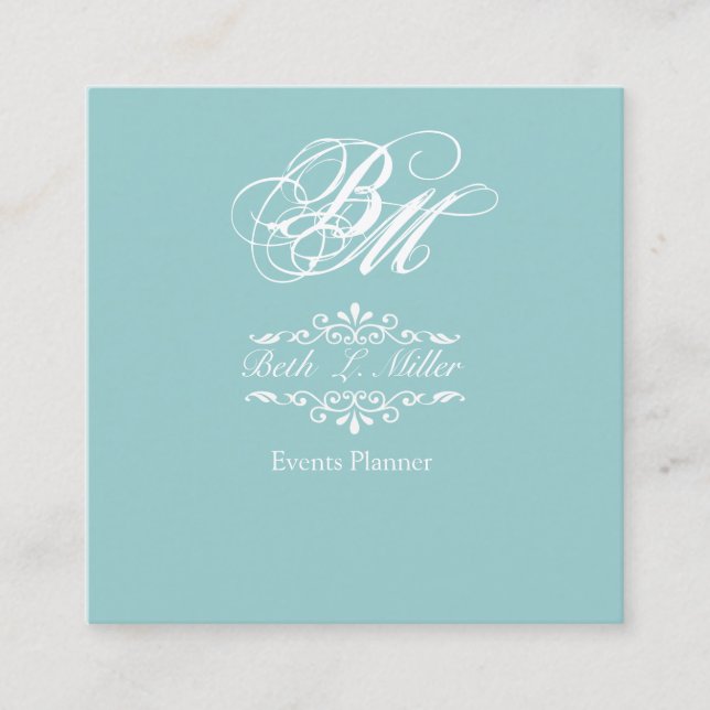 Event Planner Fancier  Lavish Monogram Blue Square Business Card (Front)