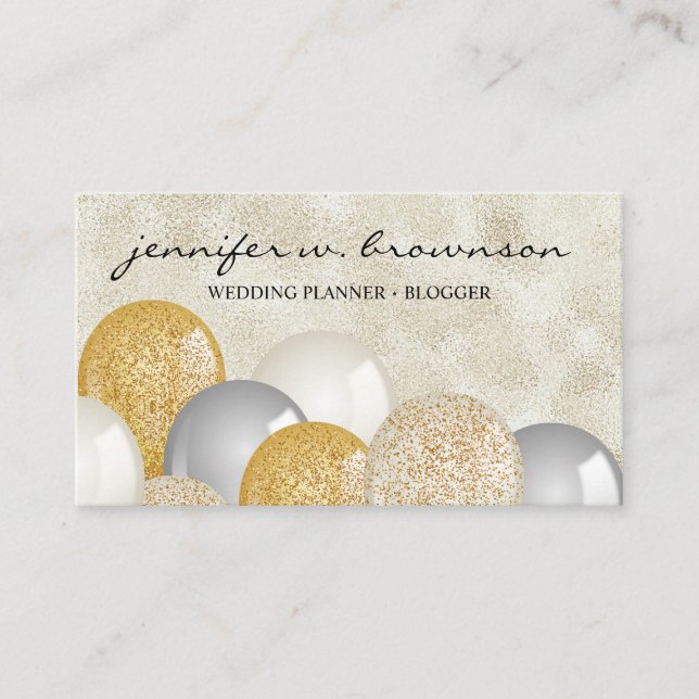Event Planner Party Balloons Gold Glitter Script Business Card (Front)