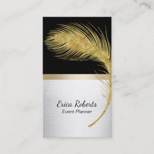 Event Planner Peacock Feather Modern Black & Gold Business Card