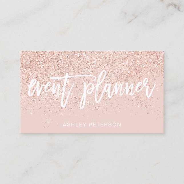 Event planner rose gold glitter blush pink business card (Front)