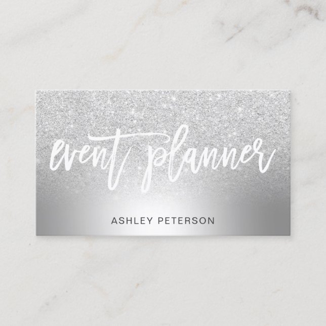 Event planner silver glitter ombre metallic business card (Front)