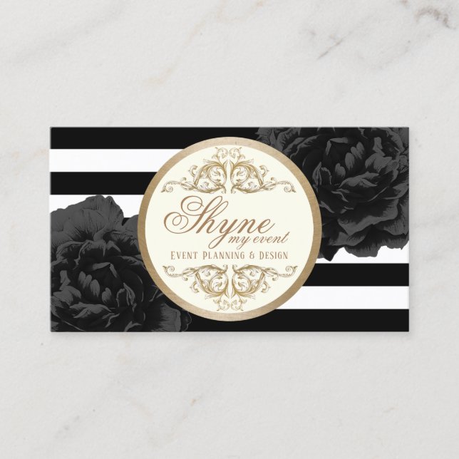 Event Planning Black Floral Modern Stripes Business Card (Front)