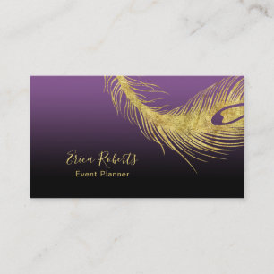 Event Planning Elegant Gold Peacock Feather Purple Business Card