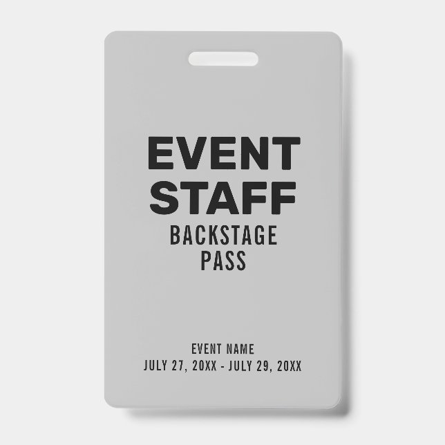 Event Staff Backstage Pass Grey ID Badge (Front)