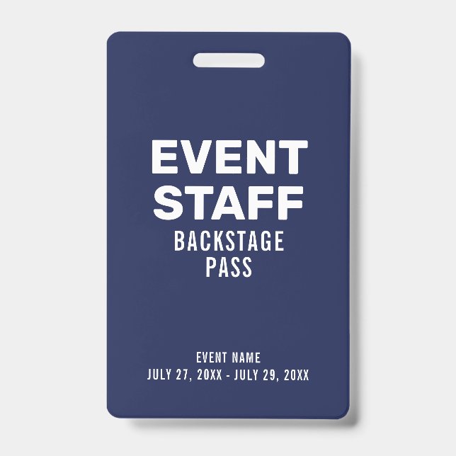 Event Staff Backstage Pass Navy Blue ID Badge (Front)