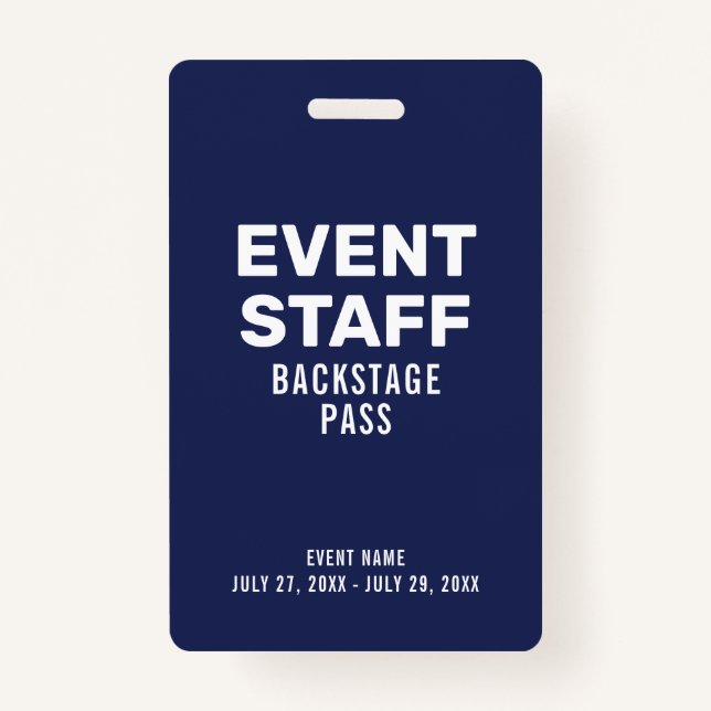 Event Staff Backstage Pass Navy Blue ID Badge (Front)