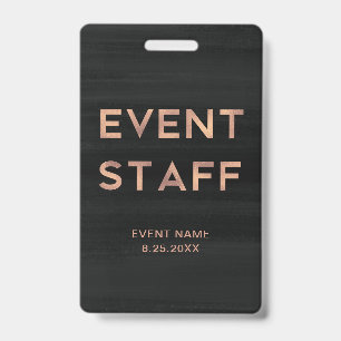 Event Staff   Modern Faux Rose Gold on Black Badge