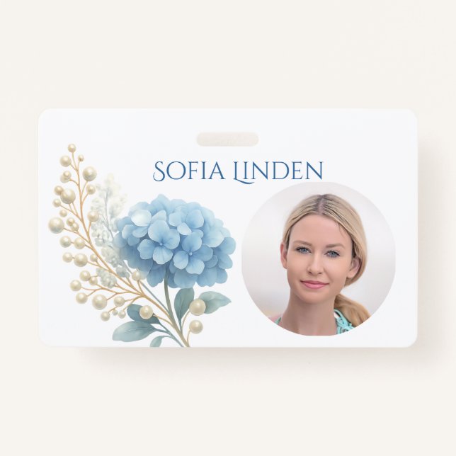Event Stylist Powder Blue Hydrangea Watercolor Badge (Front)