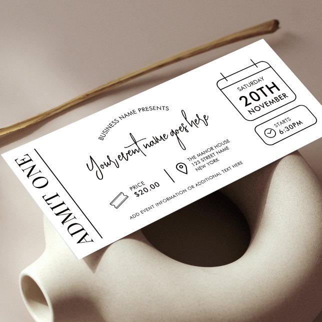 Event Ticket Modern Business Logo Admit One Token Invitation (Modern event ticket in minimal black and white design with icons and fully editable text & colors)