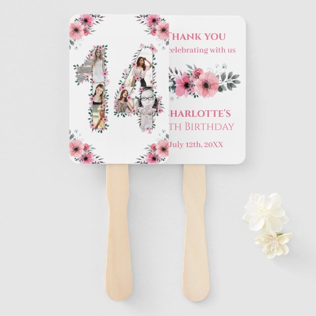 Éventail 14e anniversaire Photo Collage Rose Fleur Fille Bl (Devant et derrière)