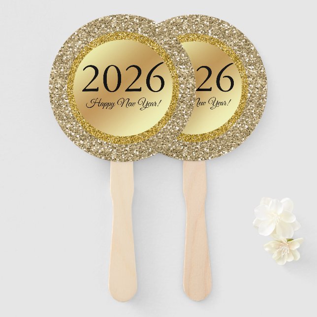 Éventail 2026 heureux nouvel an, or brillant métallique (Devant et derrière)