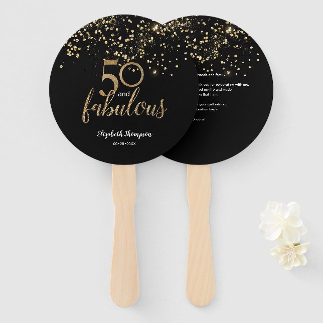 Éventail 50 et fabuleux confetti d'or noir (Devant et derrière)