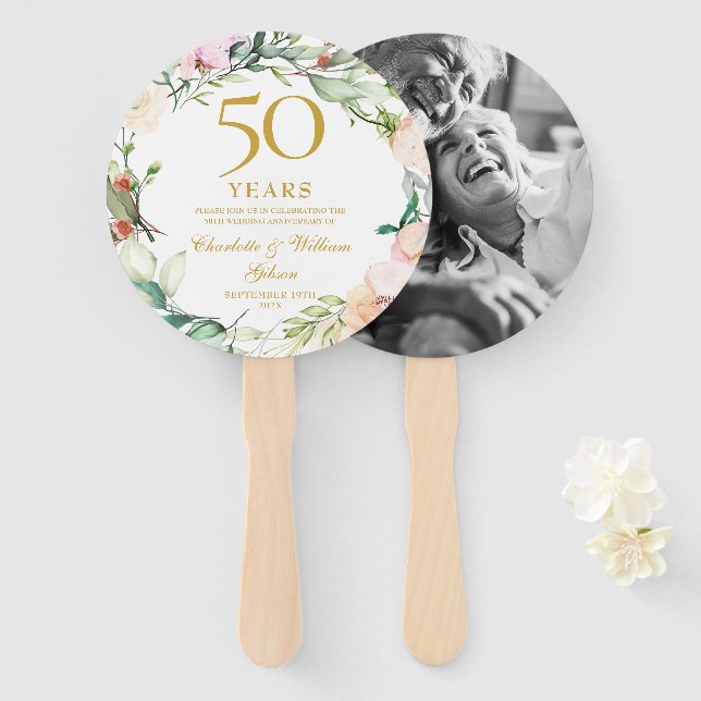 Éventail 50e anniversaire de Mariage d'or Photo de Roses fl (Devant et derrière)