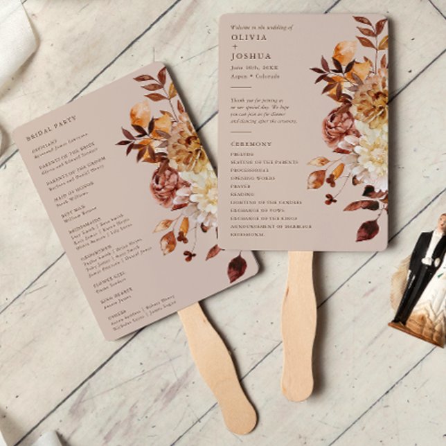 Éventail à main Taupe Autumn Leaves Program (Taupe Autumn Leaves Floral Program Hand Fan by Painted Paperie
)