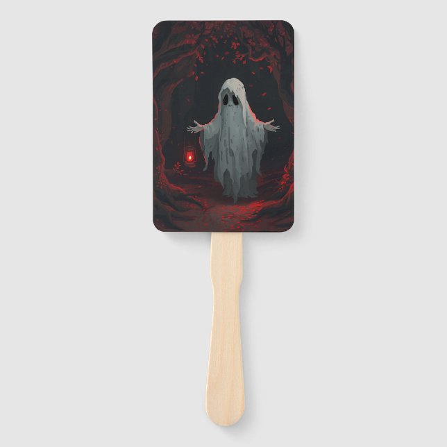 Éventail A white ghost holding a red lantern with red leave (Devant)