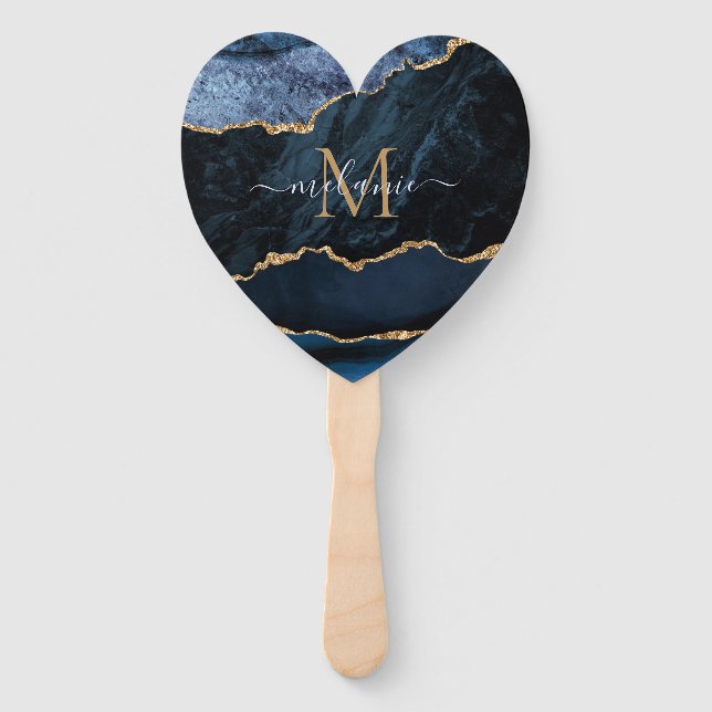 Éventail Agate Marine Blue Gold Custom Nom lettre Fan main (Devant)