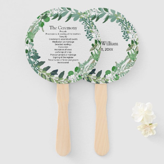 Éventail All Seasons Green Foliage Wreath Wedding Programme (Devant et derrière)
