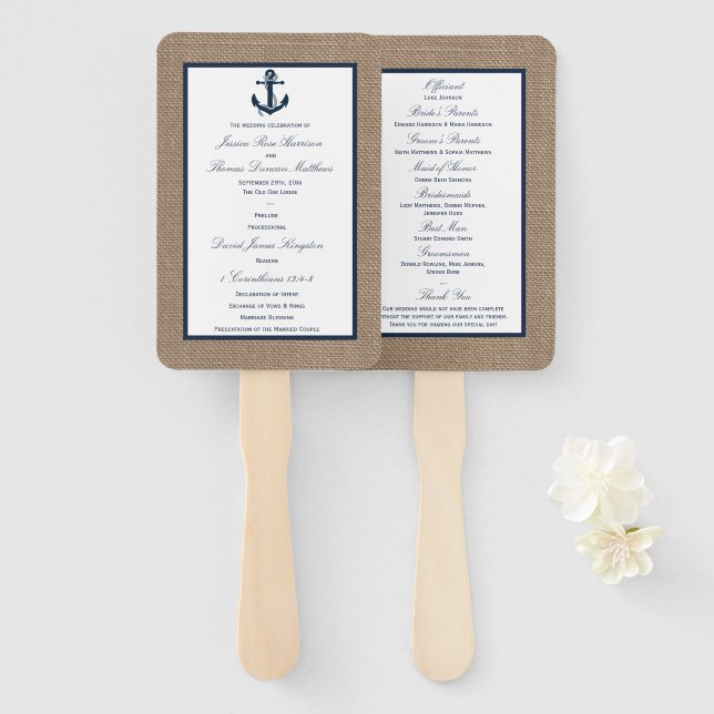 Éventail Ancre de la marine Burlap Beach Wedding Collection (Devant et derrière)
