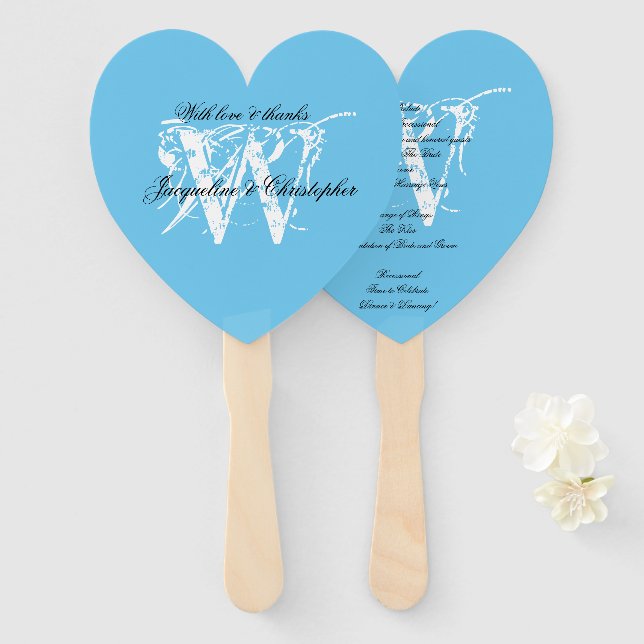 Éventail Aqua Blue & White Chic Monogram Programme de maria (Devant et derrière)