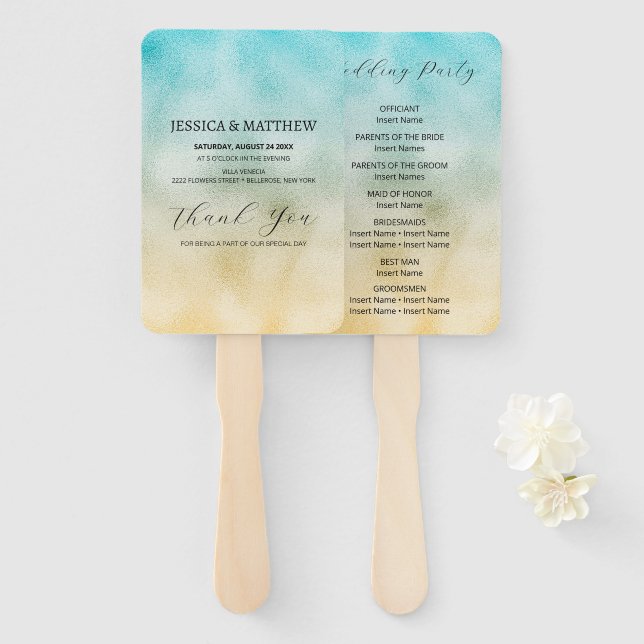 Éventail Aqua et Gold Ombre Foil (Devant et derrière)