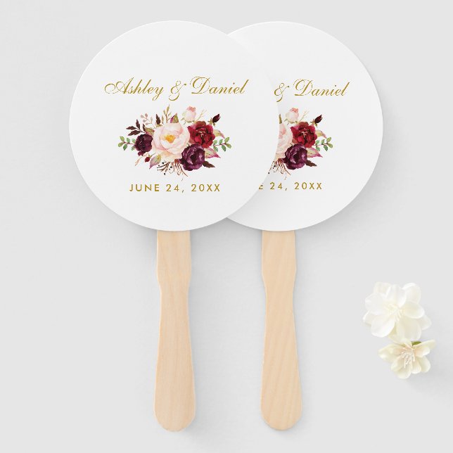 Éventail Aquarelle Bourgogne Floral Mariage or (Devant et derrière)
