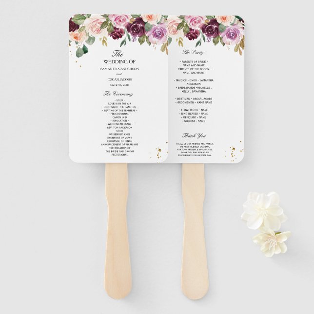 Éventail Aquarelle Bourgogne Rustique Fleurs et gouttes d'o (Devant et derrière)