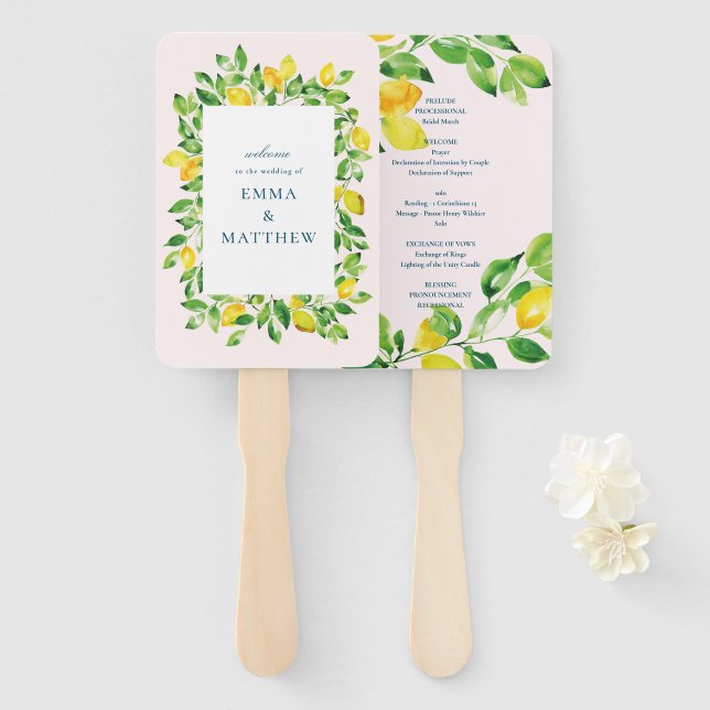 Éventail Aquarelle Citron Méditerranée Mariage d'été (Devant et derrière)