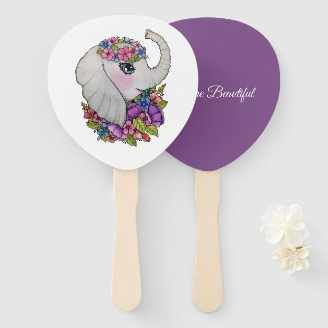Éventail Aquarelle Eléphant Avec Fleurs Sauvages (Devant et derrière)