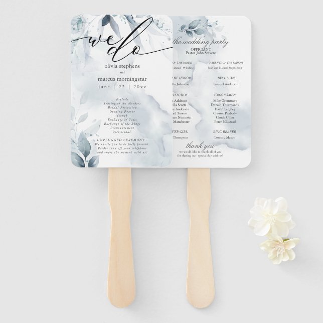 Éventail Aquarelle Feuillage Bleu Poussiéreux Dawna (Devant et derrière)