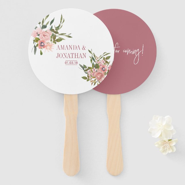 Éventail Aquarelle floral Blush et Rose Mariage or (Devant et derrière)