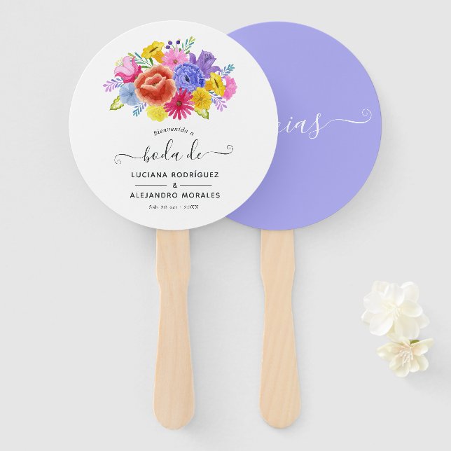 Éventail Aquarelle Floral espagnol Fiesta Mariage Merci (Devant et derrière)