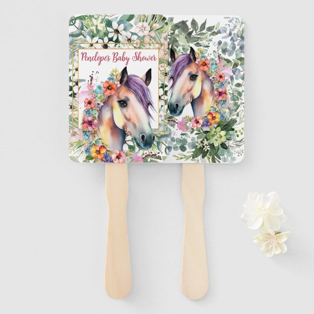 Éventail Aquarelle Floral Horse Baby shower (Devant et derrière)