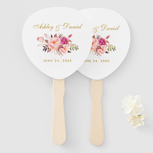 Éventail Aquarelle Floral Rose Rose Mariage (Devant et derrière)