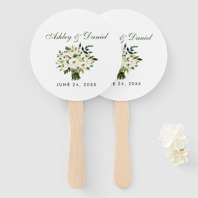 Éventail Aquarelle Floral Vert Blanc Bouquet Mariage (Devant et derrière)